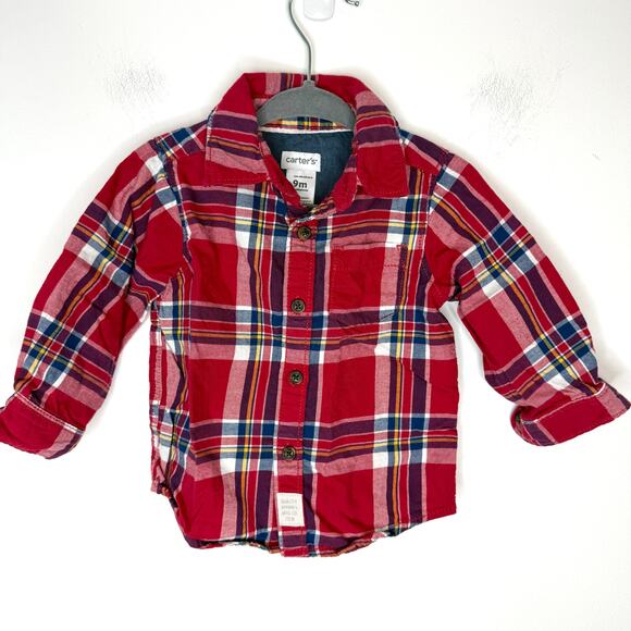 Carter's Baby Boy Plaid Button Down Shirt One Piece Set Red Blue Size 9 Months - Picture 2 of 13